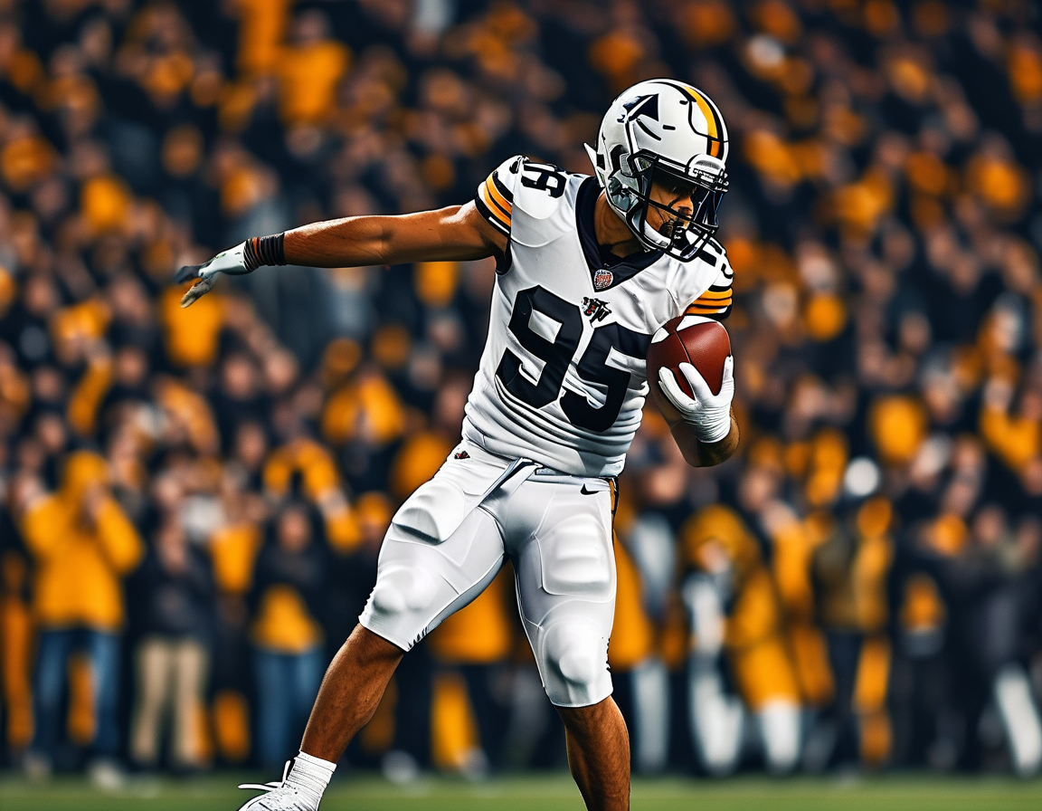 A dynamic photo of Jalen Hurts throwing a touchdown pass in the game against the Steelers, showcasing his skill in action. The Lincoln Financial Field crowd is electrified, highlighting the game's intensity.