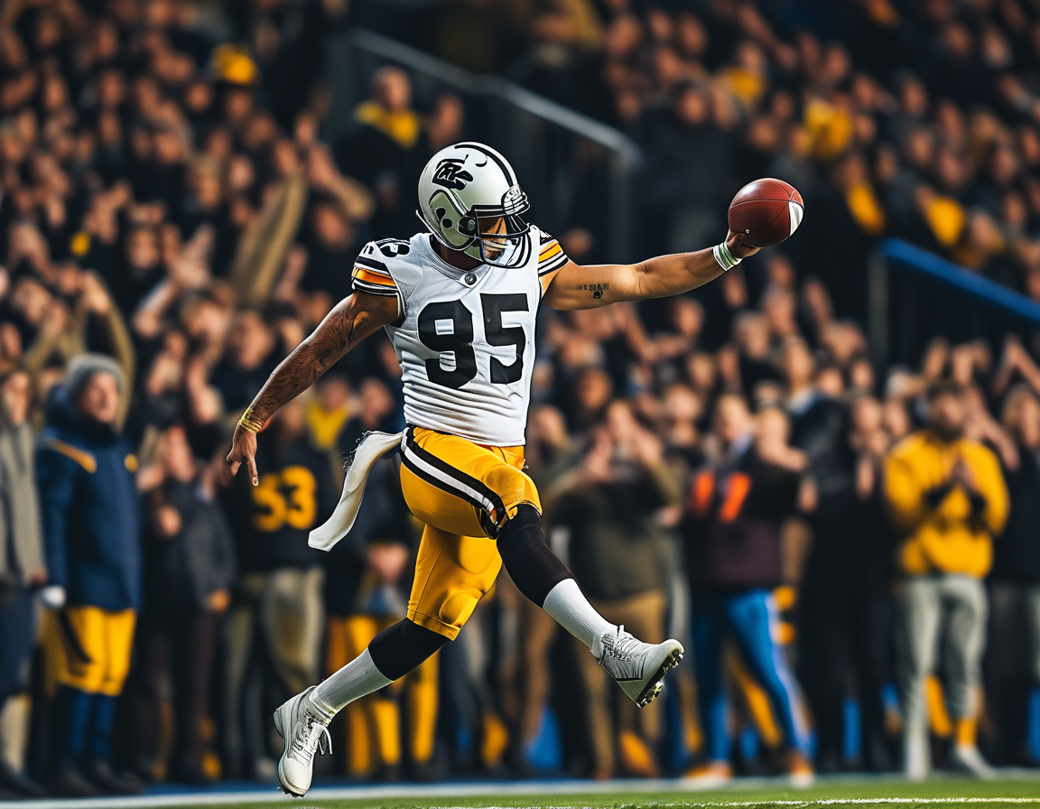 Eagles' defense in action as they stop the Steelers' offense, showcasing teamwork and strategy. Players are seen tackling a Steelers runner, symbolizing the Eagles' defensive strength.