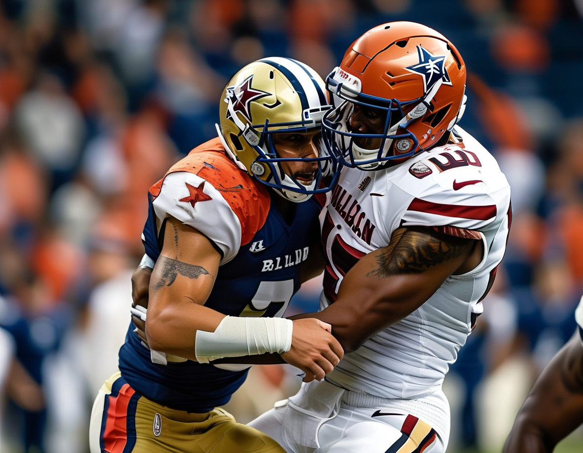 A dramatic moment from the game showing Texans linebacker Will Anderson Jr. tackling Tua Tagovailoa, resulting in a pivotal turnover. The intensity of the scene captures the defensive battle between the two teams.