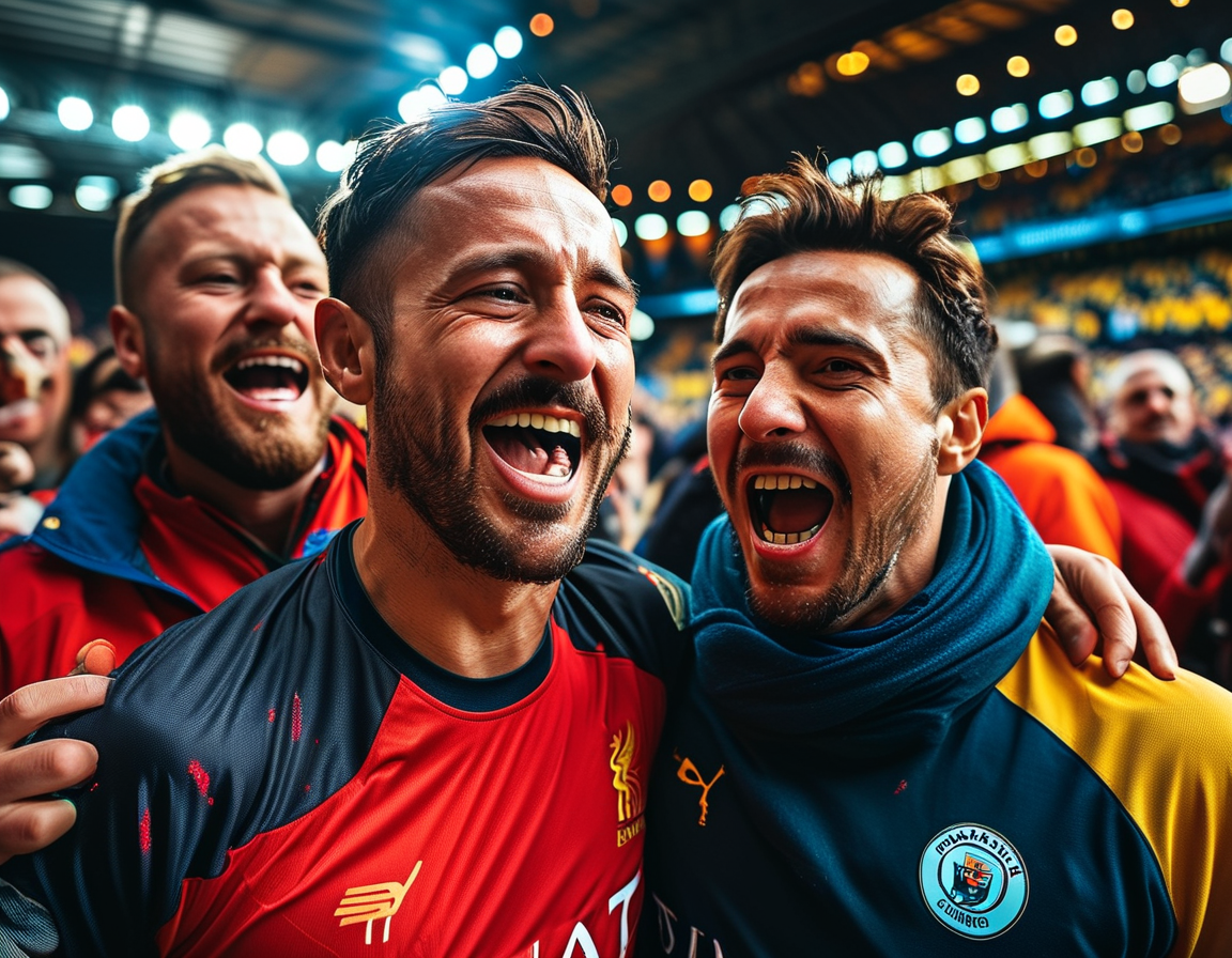 An electric scene at the Etihad Stadium with vibrant colors as Manchester City fans and players celebrate a goal, reflecting the anticipation of the derby match. The atmosphere is charged with excitement and tension, embodying the spirit of the Manchester rivalry.