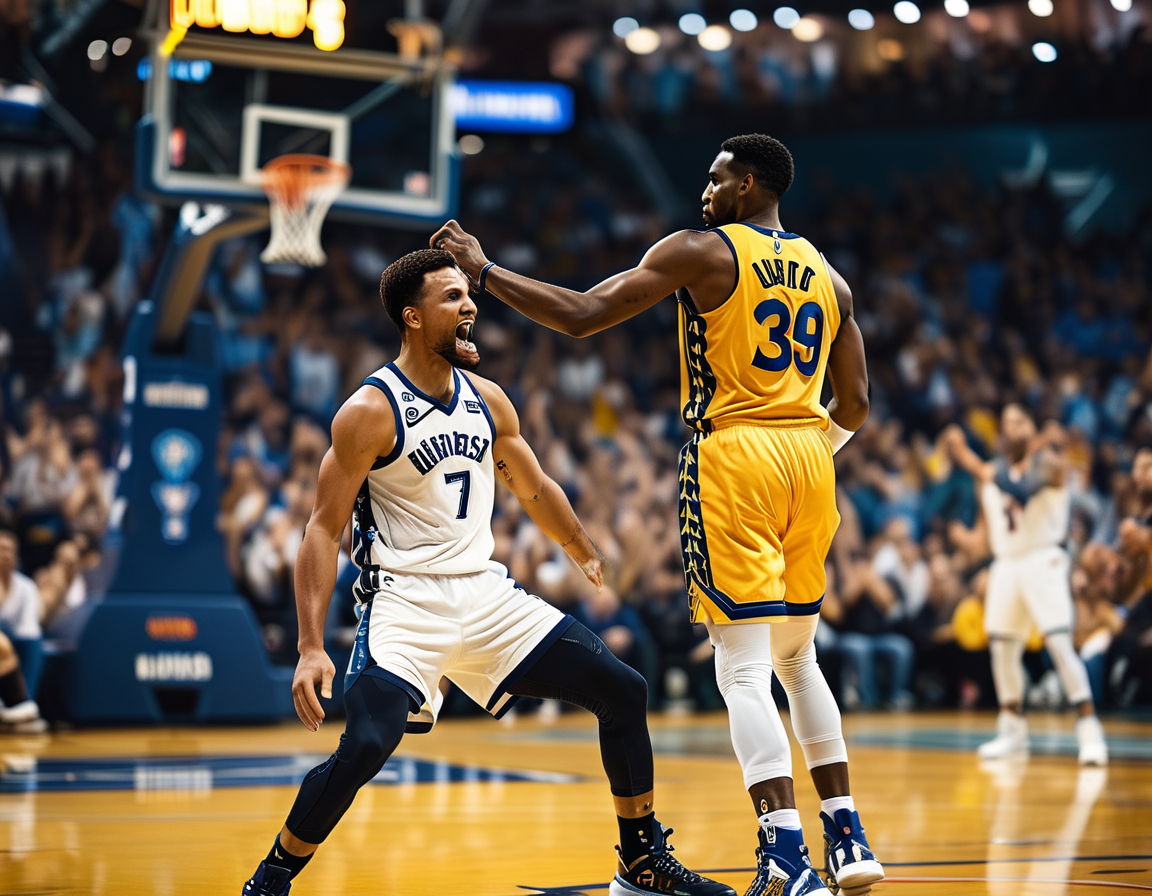 A close-up of Klay Thompson preparing to shoot, with teammates and the scoreboard reflecting the high stakes of the matchup against the Mavericks.