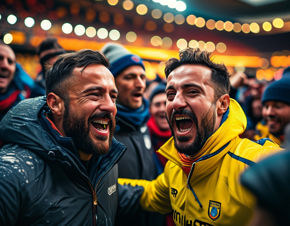 The moment of triumph for Manchester United as Bruno Fernandes converts a penalty, bringing the score to 1-1, celebrated fervently by teammates amidst a backdrop of anxious City supporters.