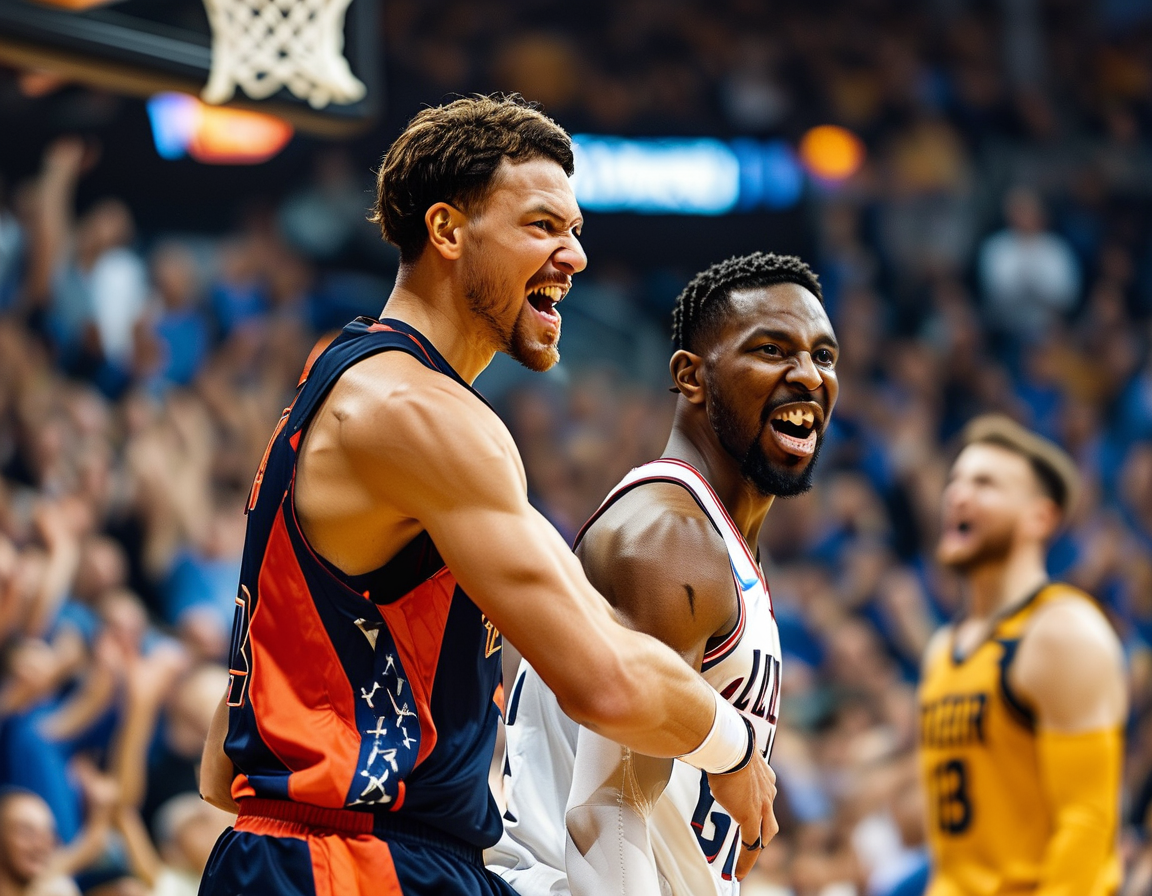 An emotional moment on the court with players from both teams reflecting the competitive atmosphere and rivalry, with fans showing their support in the stands.