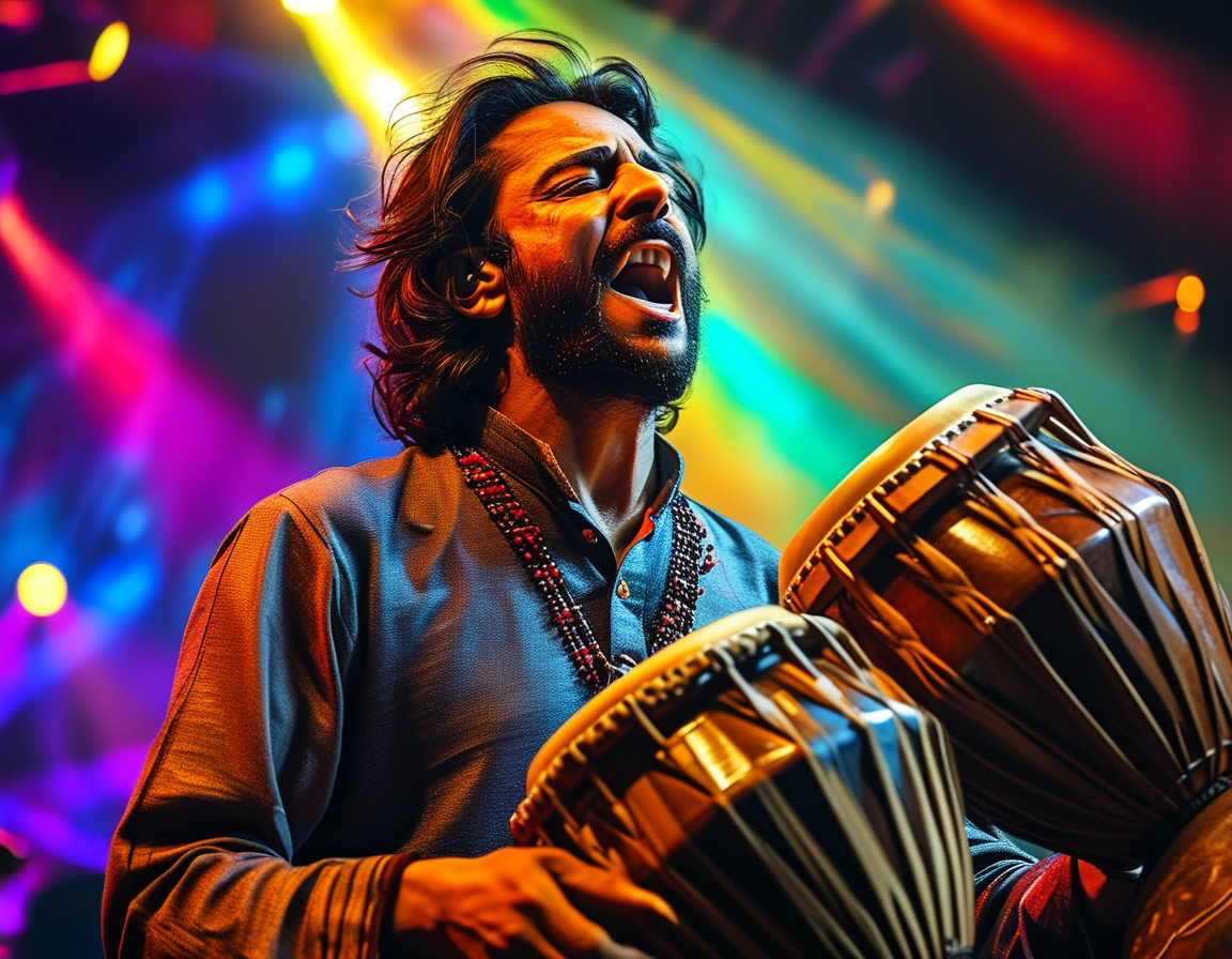 An image of Zakir Hussain passionately playing the tabla on stage, with colorful stage lights illuminating his focused expression, showcasing his mastery and connection to music.