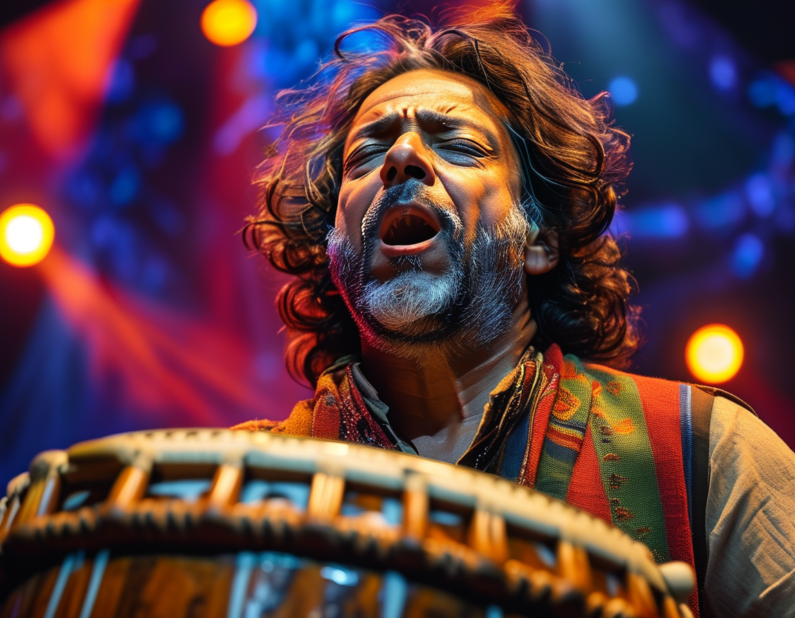 A serene portrait of Zakir Hussain in a traditional Indian attire, with a tabla in his lap, capturing the essence of his heritage and dedication to music education.