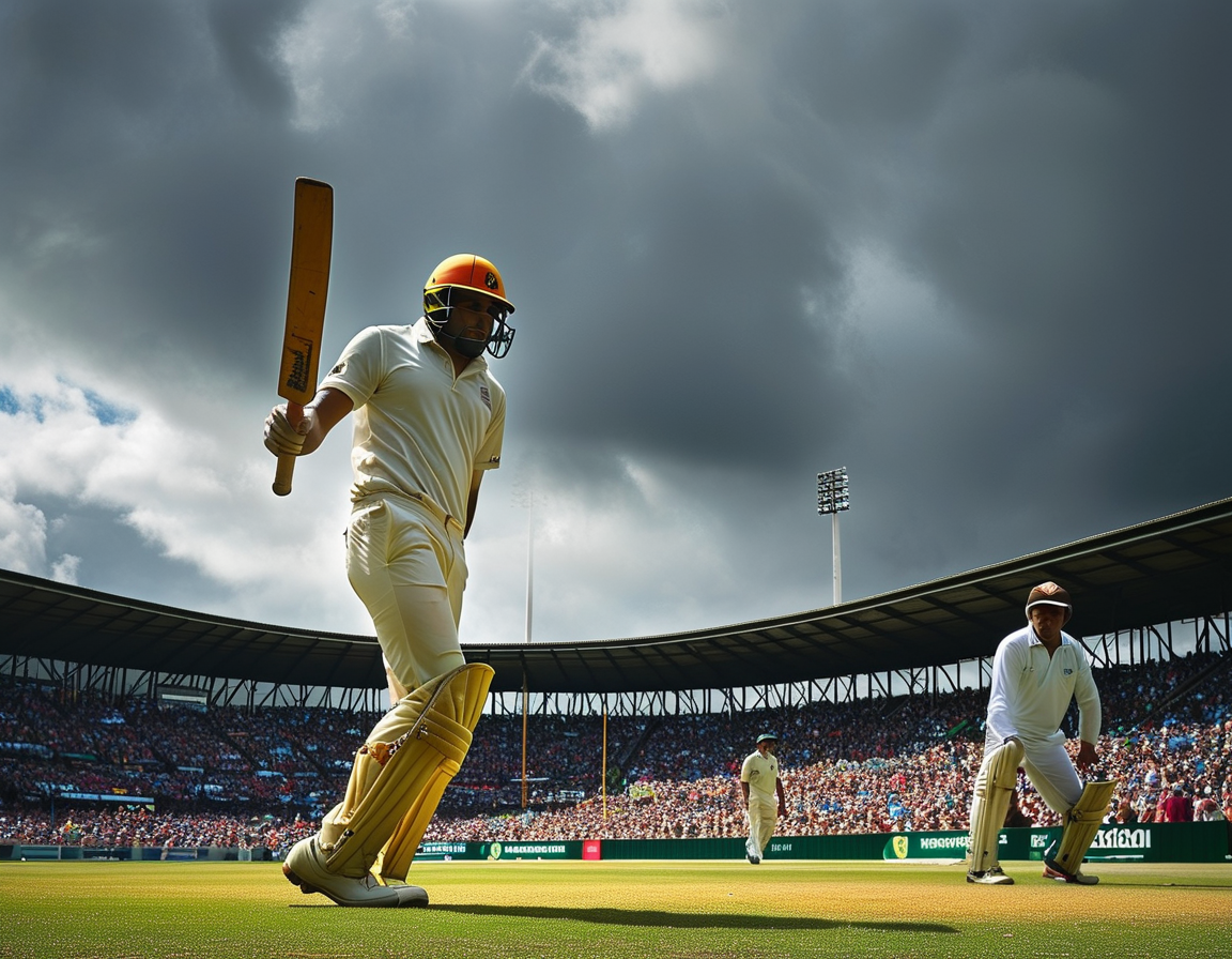 A dramatic cricket scene showcasing Kane Williamson skillfully batting under overcast skies in Hamilton, with an anxious crowd and focused players in the background, illustrating the high stakes of the Test match.