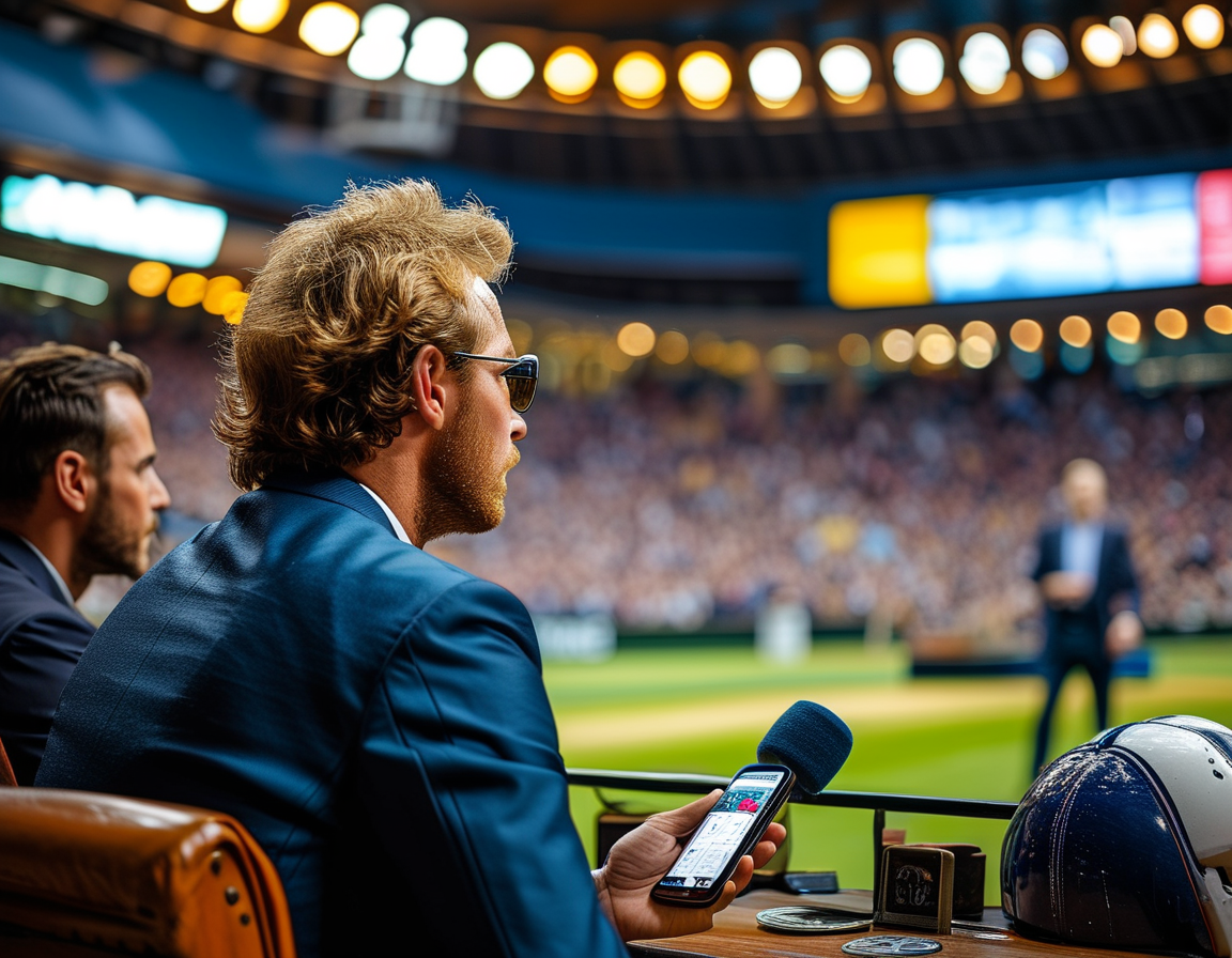 A tense moment during a cricket match, with commentators in the background discussing the latest event, capturing the high-pressure environment of live sports commentary.