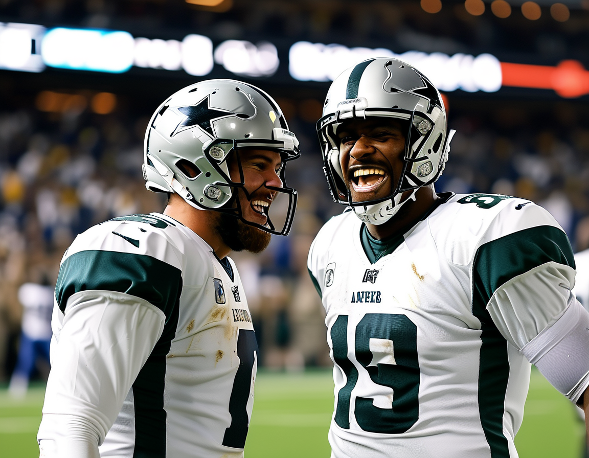 Aaron Rodgers and Davante Adams celebrating on the field after a touchdown against the Jaguars, showcasing their chemistry and excitement.