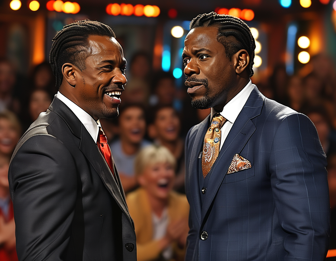 The SNL set with Chris Rock gesturing emphatically, set against a vibrant stage backdrop, illustrating the energy of his comedic performance and political critiques.