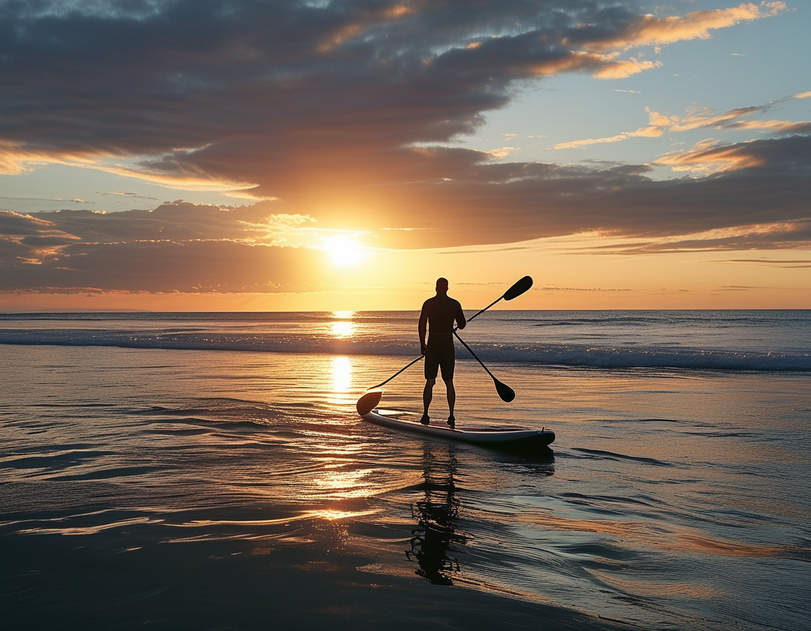 A serene beach scene showing a paddle boarder in the distance, with the sun setting, symbolizing the moment of privacy and the subsequent media frenzy surrounding Orlando Bloom's naked paddle boarding incident.