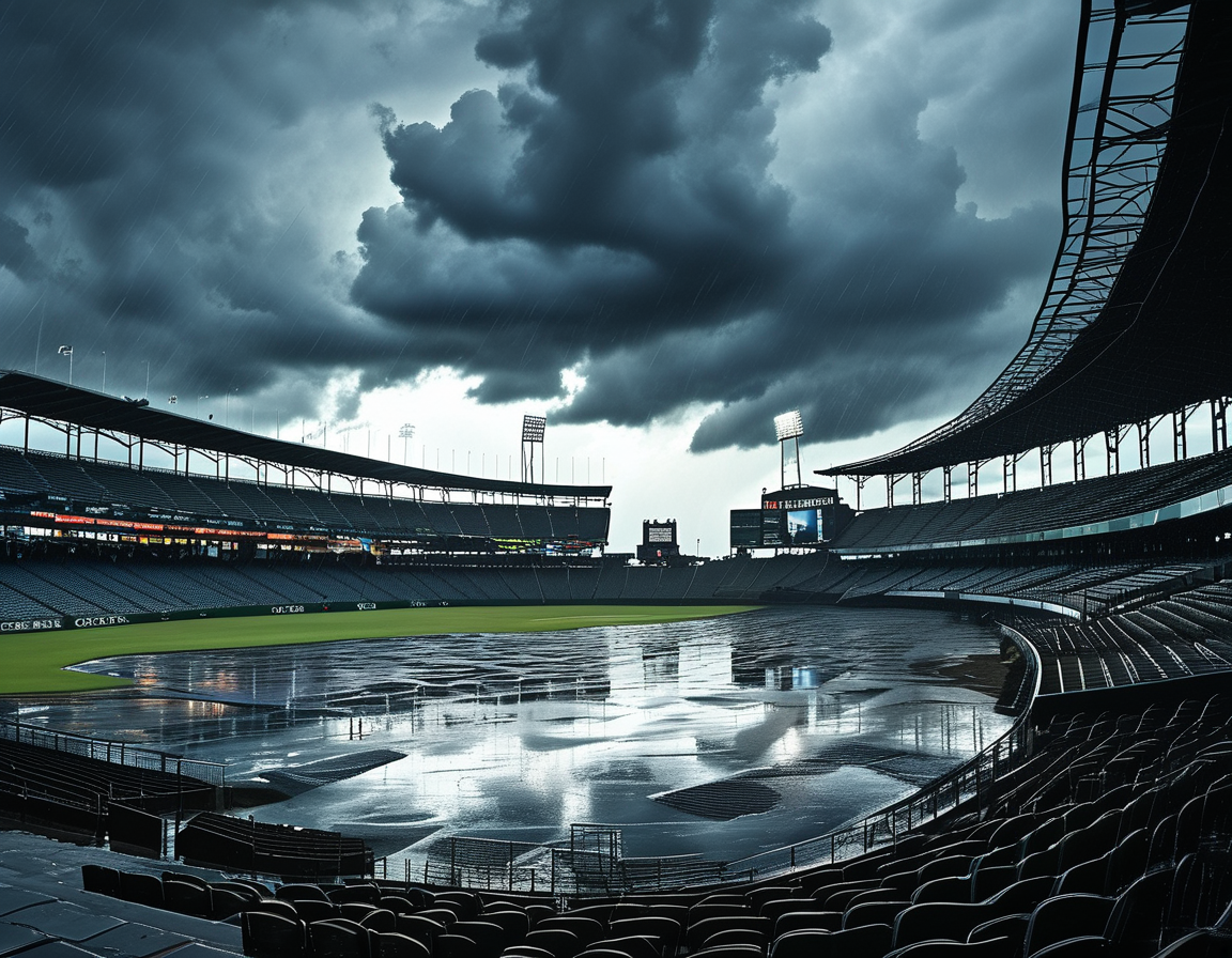 An aerial view of the Gabba stadium shrouded in gray skies and rain, capturing the anticipation and disappointment of fans awaiting the resumption of the Test match.