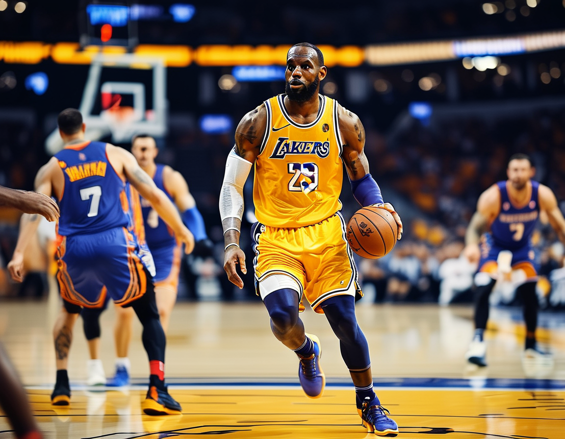 LeBron James dribbling the ball on the court, surrounded by teammates and Memphis Grizzlies defenders, showcasing an intense game moment during the Lakers' victory.