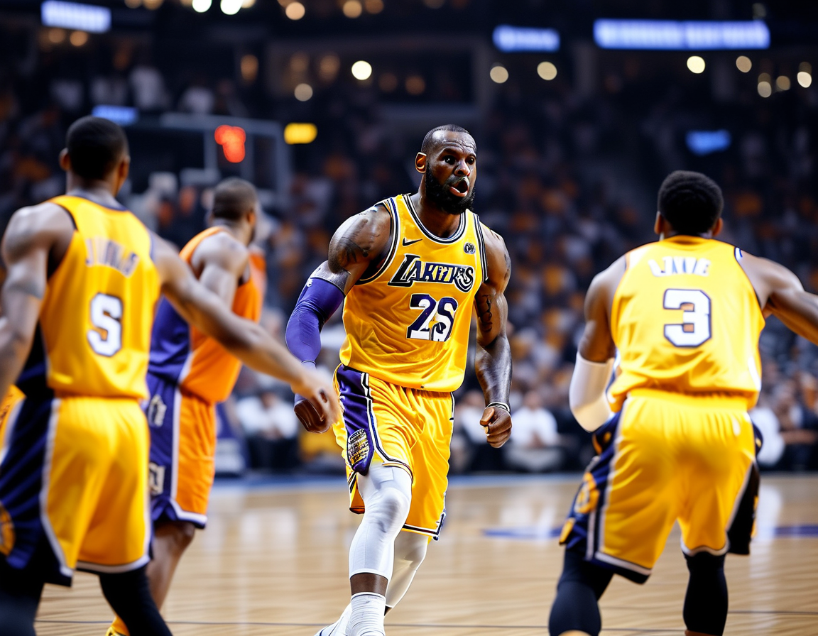 Fans cheering in the stands, waving Lakers flags and banners, capturing the excitement of LeBron James' return to the game and the team's performance.