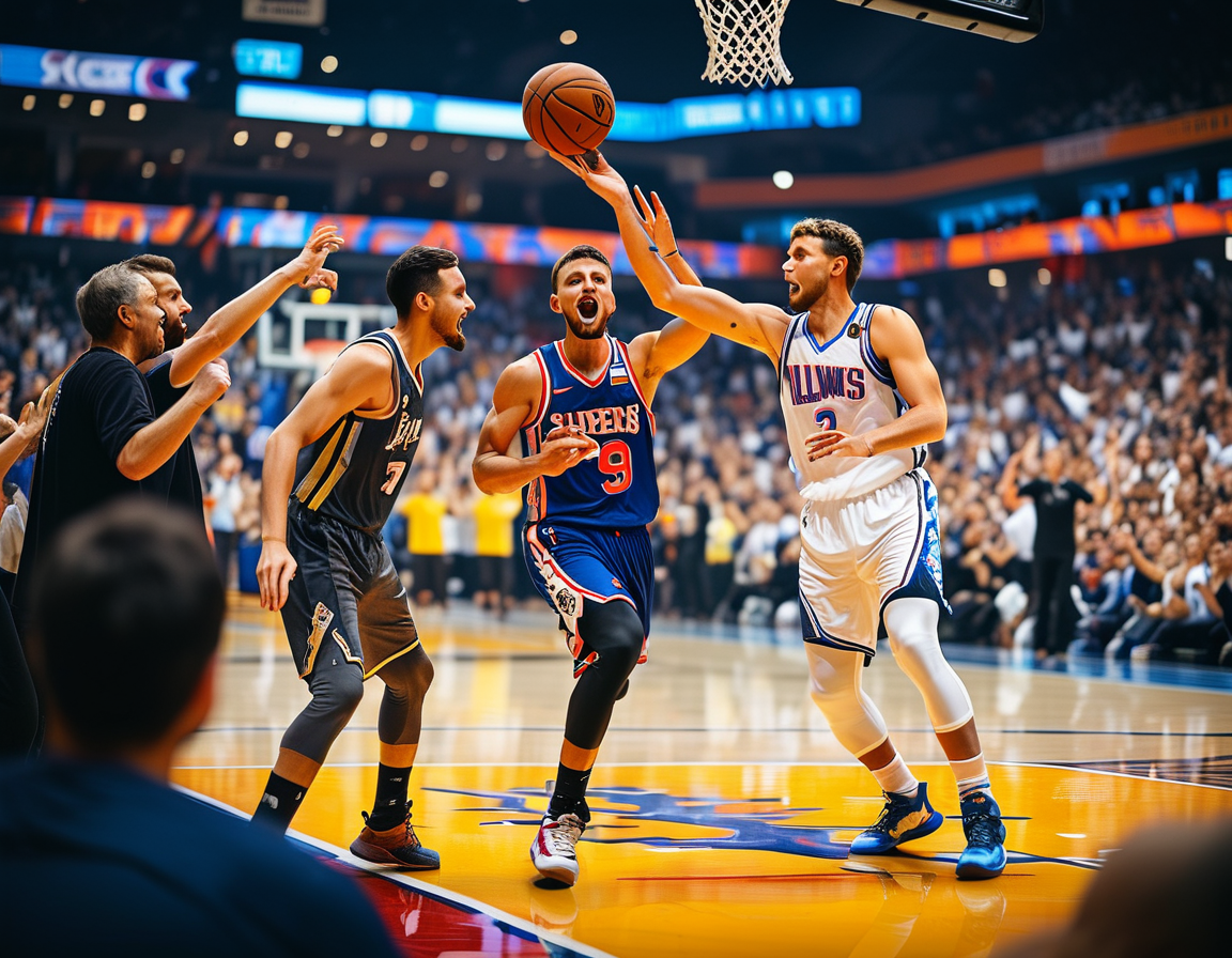 A dynamic basketball scene capturing Luka Doncic and Klay Thompson in action during their historic game, surrounded by cheering fans and the vibrant atmosphere of the Chase Center.
