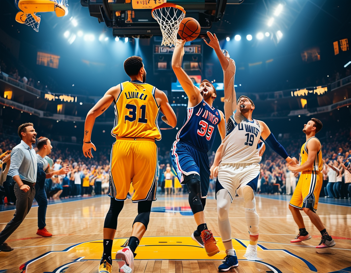 Close-up of Klay Thompson shooting a three-pointer, with the scoreboard reflecting the intense competition and record-breaking performance of both teams.