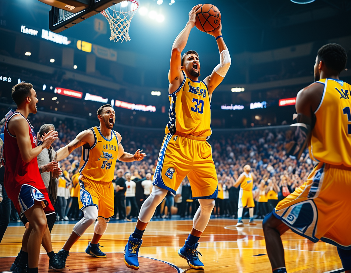 An aerial view of the game highlighting the Mavericks and Warriors players on the court, showcasing their strategic movements and the excitement of fans in the stands.