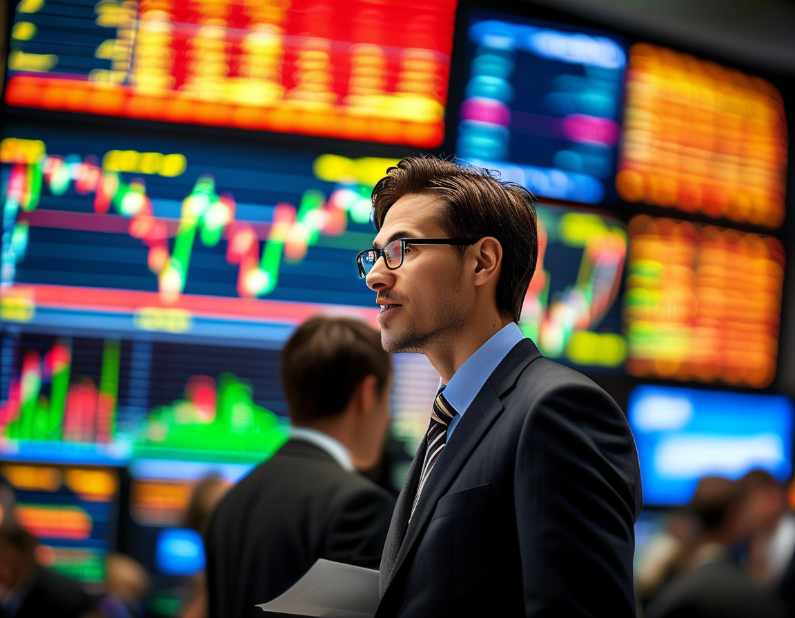 An energetic stock market scene showcasing enthusiastic investors analyzing various company profiles with charts and graphs in the background, symbolizing the IPO excitement.