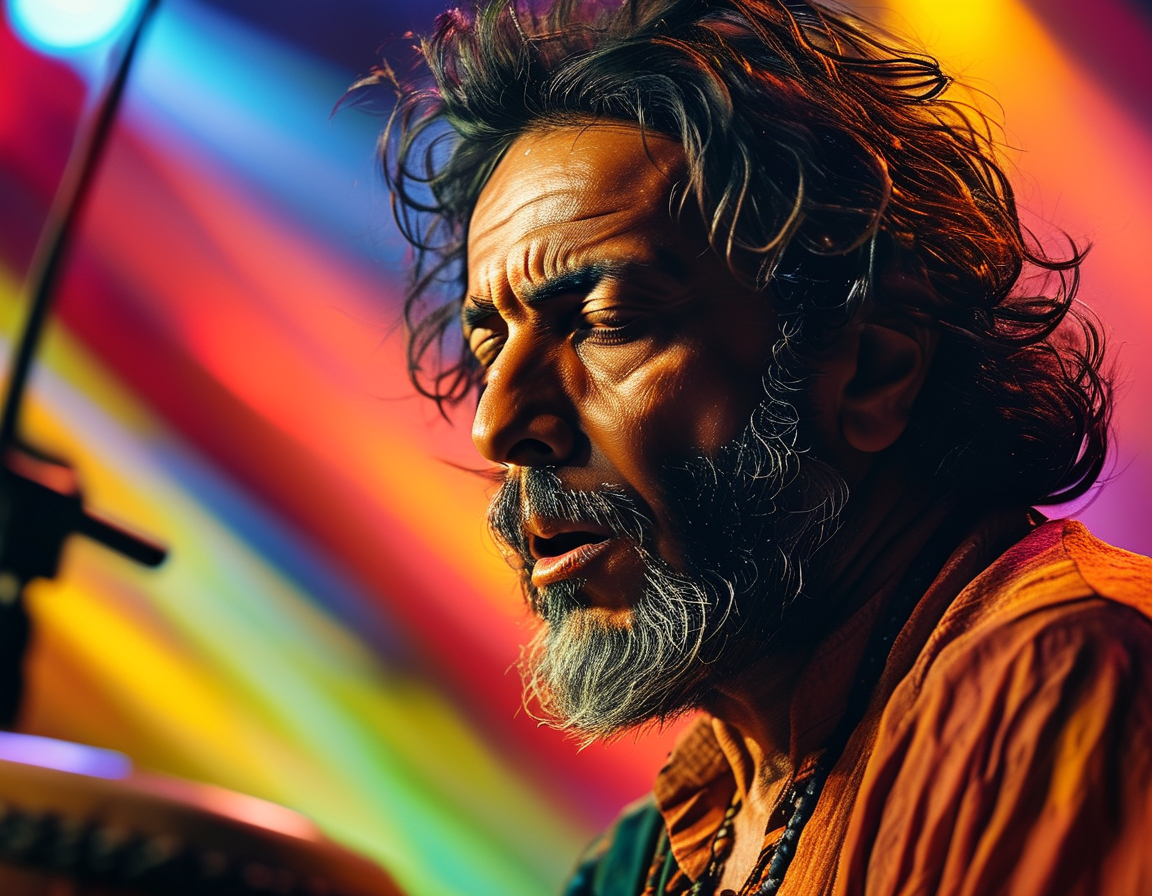 A captivating close-up of Zakir Hussain performing on stage, showcasing his intense focus and passion while playing the tabla, with colorful stage lights illuminating the scene.
