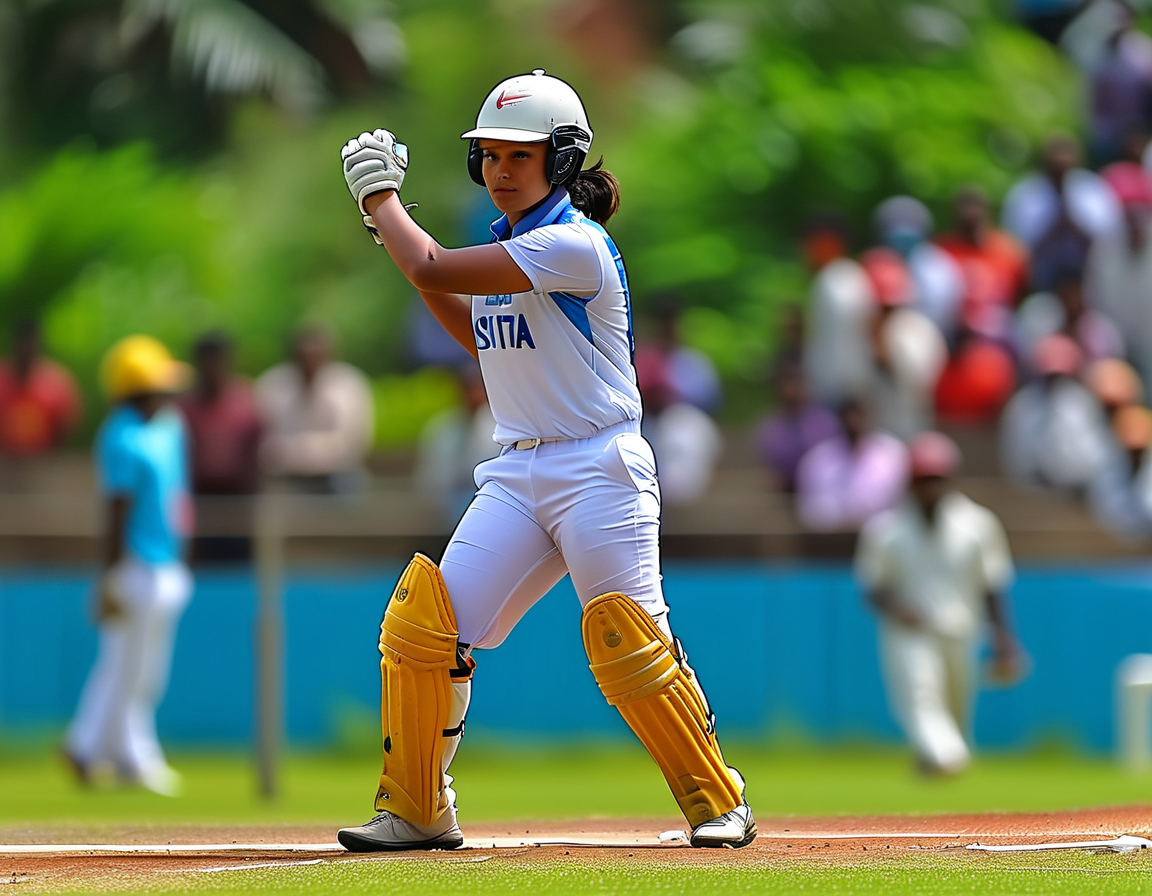 An action shot of Titas Sadhu bowling during the T20I match against the West Indies, showcasing her concentration and form on the field.