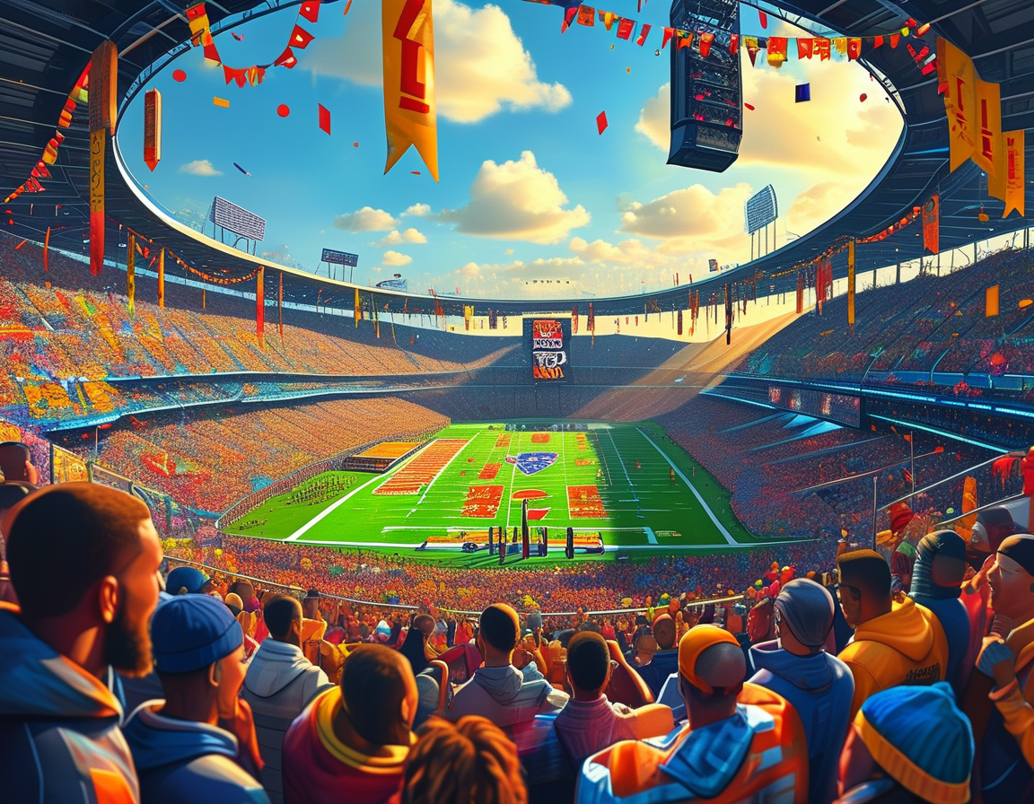 A vibrant illustration of the Caesars Superdome filled with enthusiastic fans, with festive decorations symbolizing Super Bowl 2025 and a lively halftime stage featuring Kendrick Lamar.