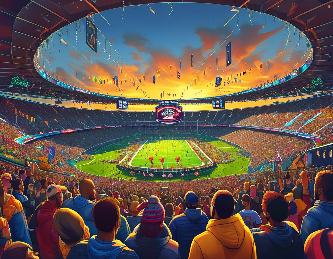 An exciting scene depicting friends and family gathered around a TV, snacks in hand, eagerly watching the Super Bowl 2025, showcasing the communal spirit of the event.