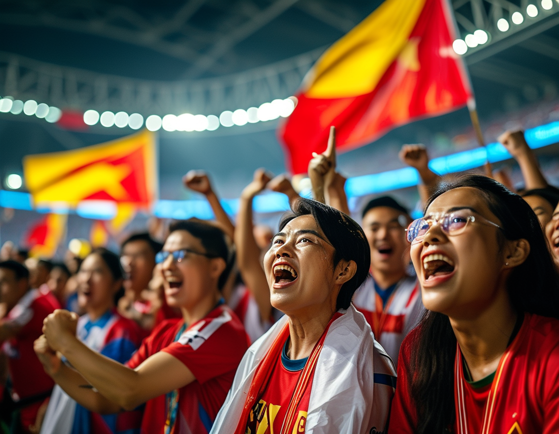 A lively stadium scene featuring Vietnamese fans celebrating after Quang Hai's winning goal. The atmosphere is electric with flags waving and excitement radiating from the crowd as Vietnam secures a crucial victory.