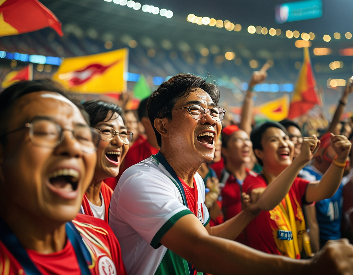 A scoreboard displaying the final score of 1-0 in favor of Vietnam, surrounded by jubilant fans in the background. This image encapsulates the victory moment that sets Vietnam at the top of Group B.