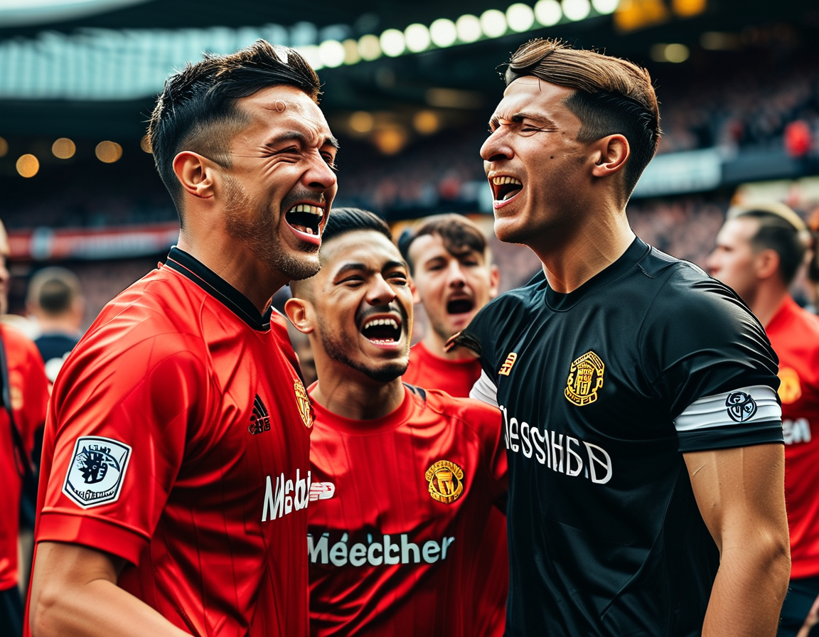 An intense moment from the Manchester derby showing Manchester United players celebrating a late goal, reflecting the blend of joy and relief among fans; Rashford and Garnacho watch from the sidelines, highlighting their absence.