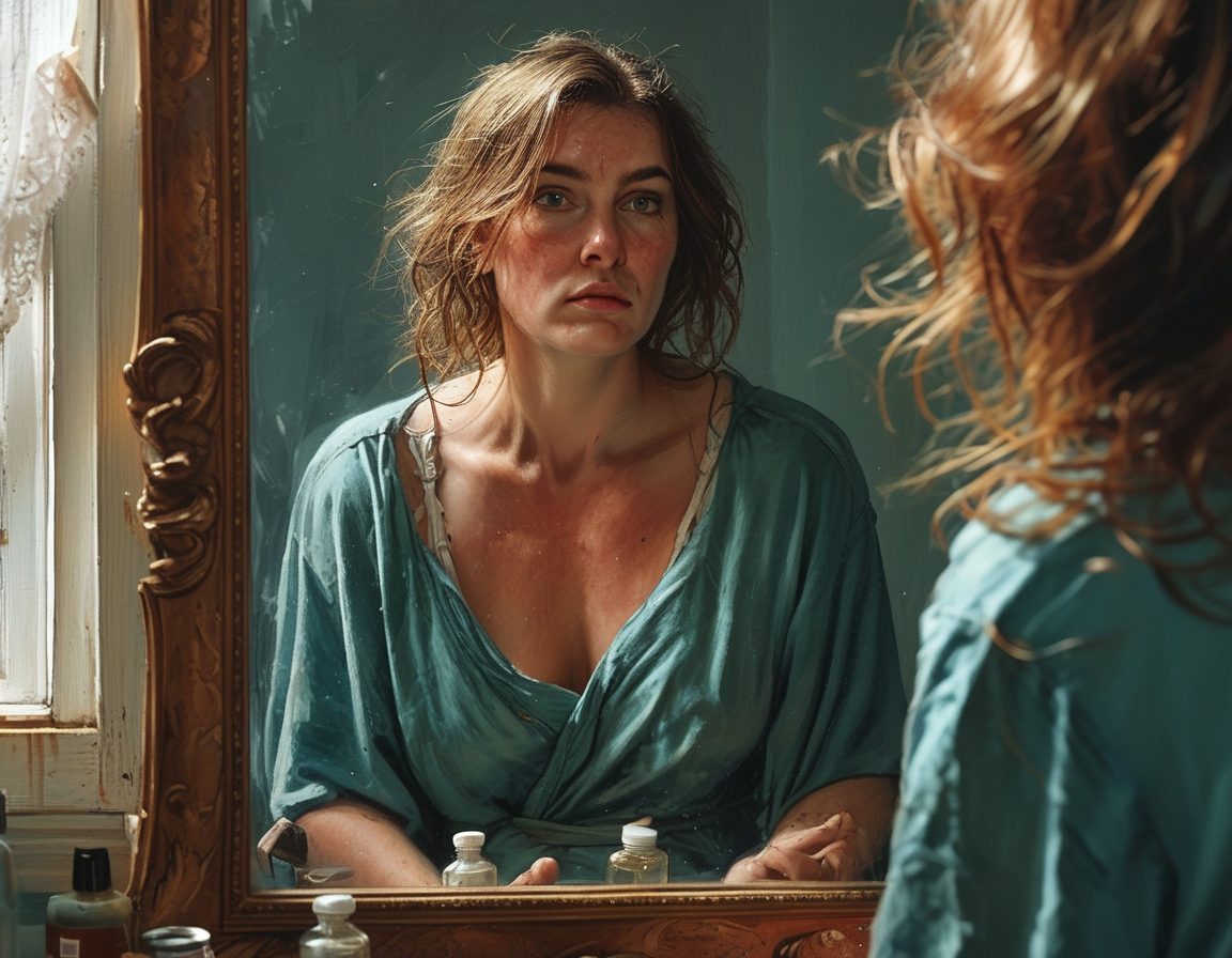 An emotional Jade Tyler looking at herself in the mirror, reflecting her struggles with body image and the aftermath of her surgery while surrounded by personal items that signify motherhood.
