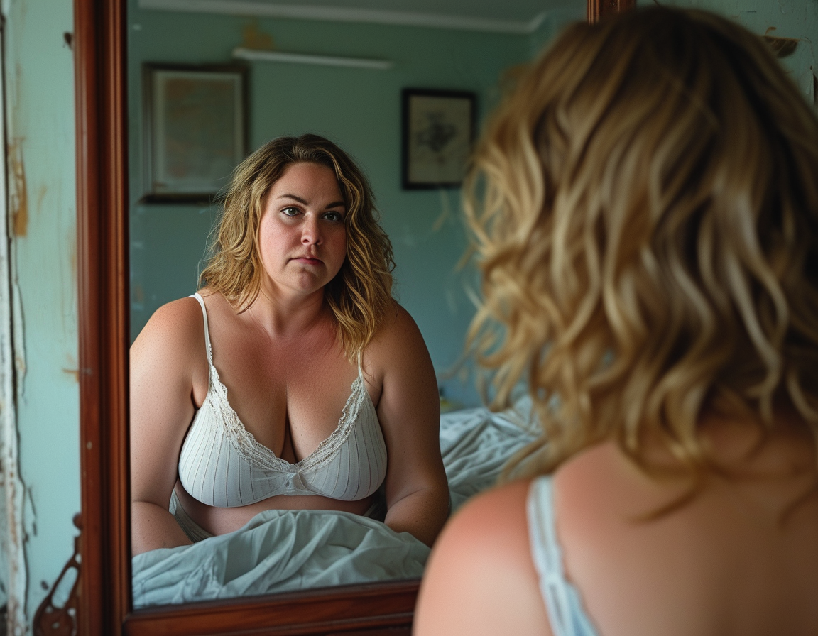 A close-up of Jade's pre-surgery photos juxtaposed with her current state, illustrating the stark contrast between her expectations and the reality of her experience.