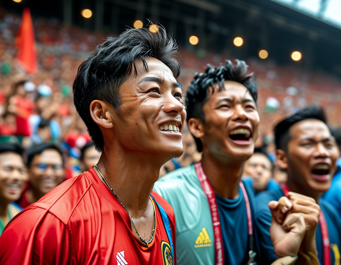 A packed Viet Tri Stadium with passionate Vietnamese fans cheering as Nguyen Quang Hai scores the decisive goal against Indonesia in the AFF Cup match.