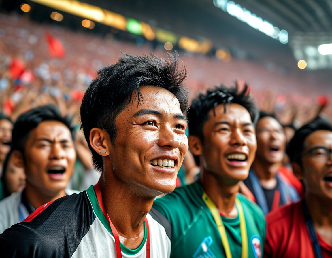 Nguyen Quang Hai celebrating after scoring the winning goal, with fellow teammates joining in to express their excitement and pride in the victory.