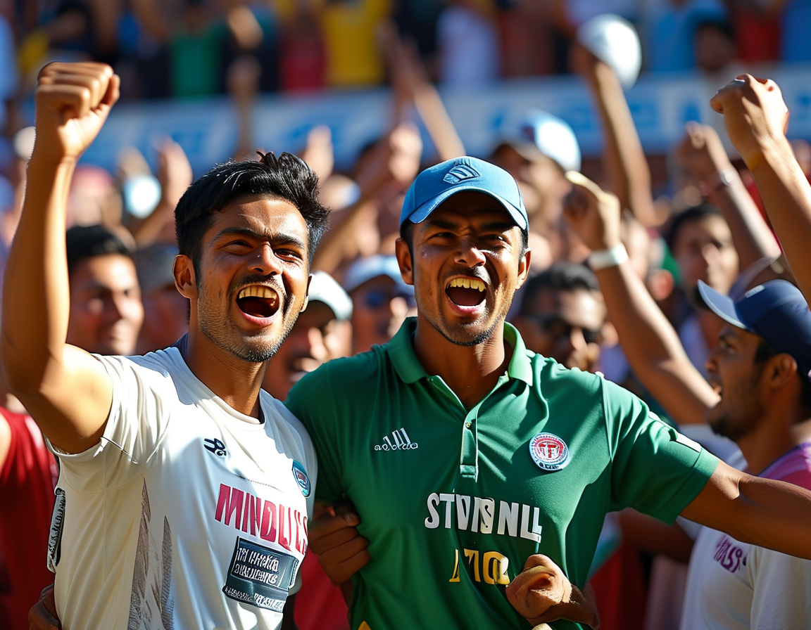 An intense cricket match scene at Arnos Vale Ground, showcasing Bangladesh players celebrating after a remarkable T20I victory against the West Indies. The atmosphere is electric with fans and players filled with emotions.