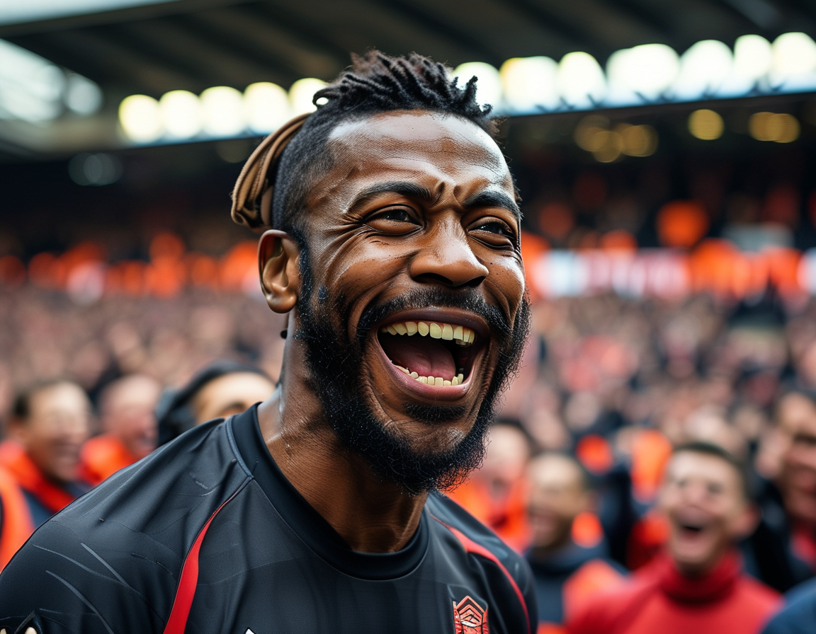 Amad Diallo celebrating wildly after scoring the winning goal in the Manchester derby, with jubilant fans in the background, illustrating the electric atmosphere of the match.