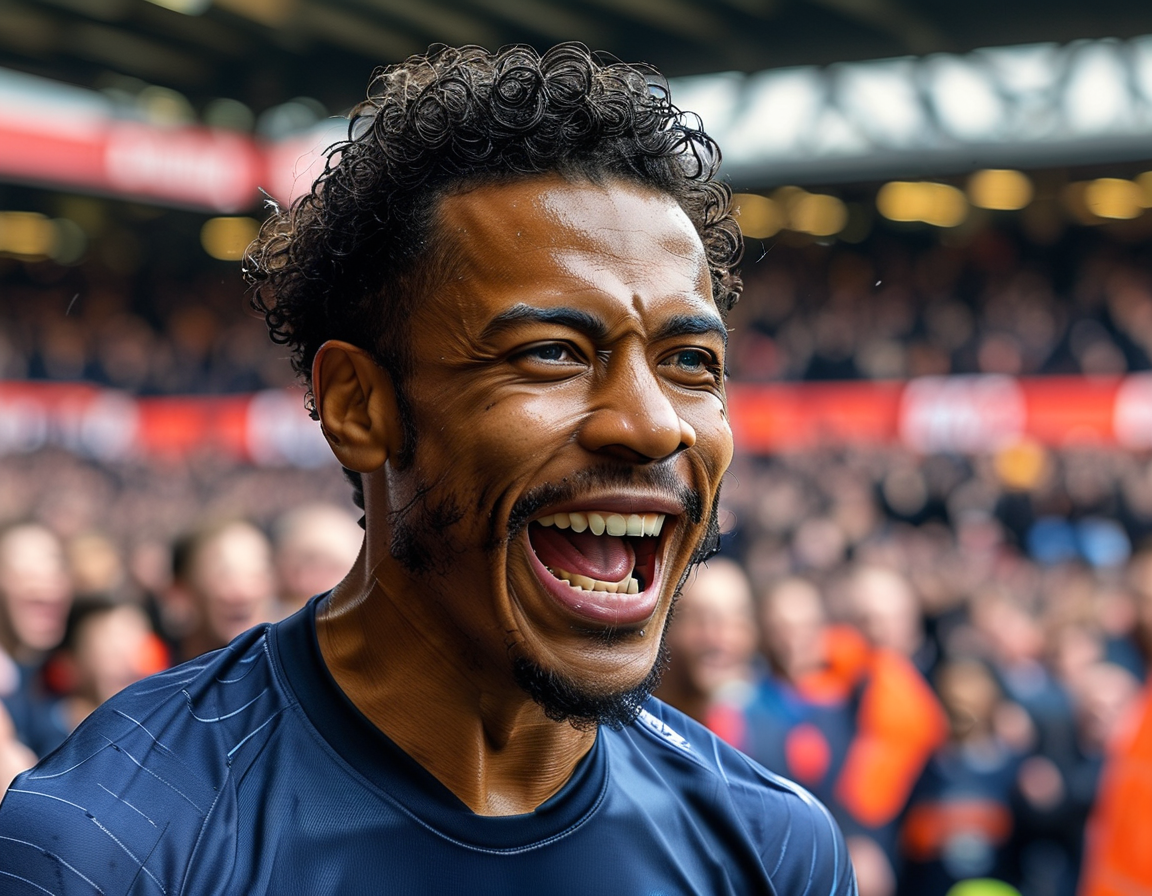 A close-up of Amad Diallo in action during the derby, showcasing his intense focus and determination as he dribbles past Manchester City defenders.