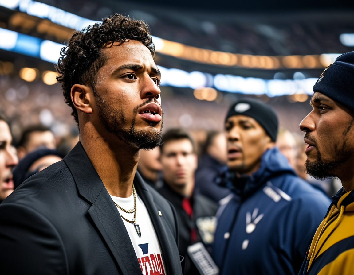 An intense moment from an NFL game featuring Patrick Mahomes under pressure, showcasing his determination as he faces defenders during his recovery from an ankle injury. Fans can be seen anxiously watching the game.