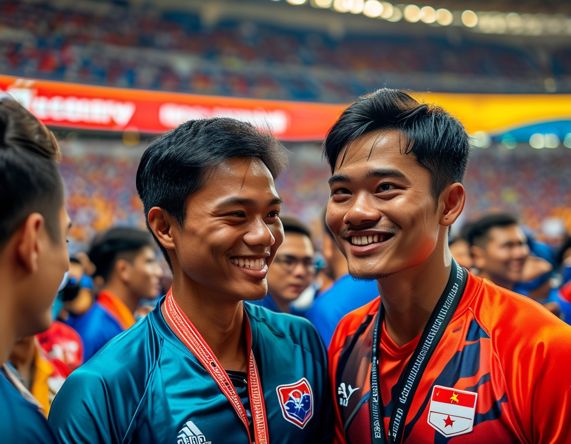 Pratama Arhan smiling and shaking hands with Vietnamese players after a match, showcasing sportsmanship and camaraderie. The setting is a vibrant stadium filled with fans, emphasizing the emotional atmosphere of the game.