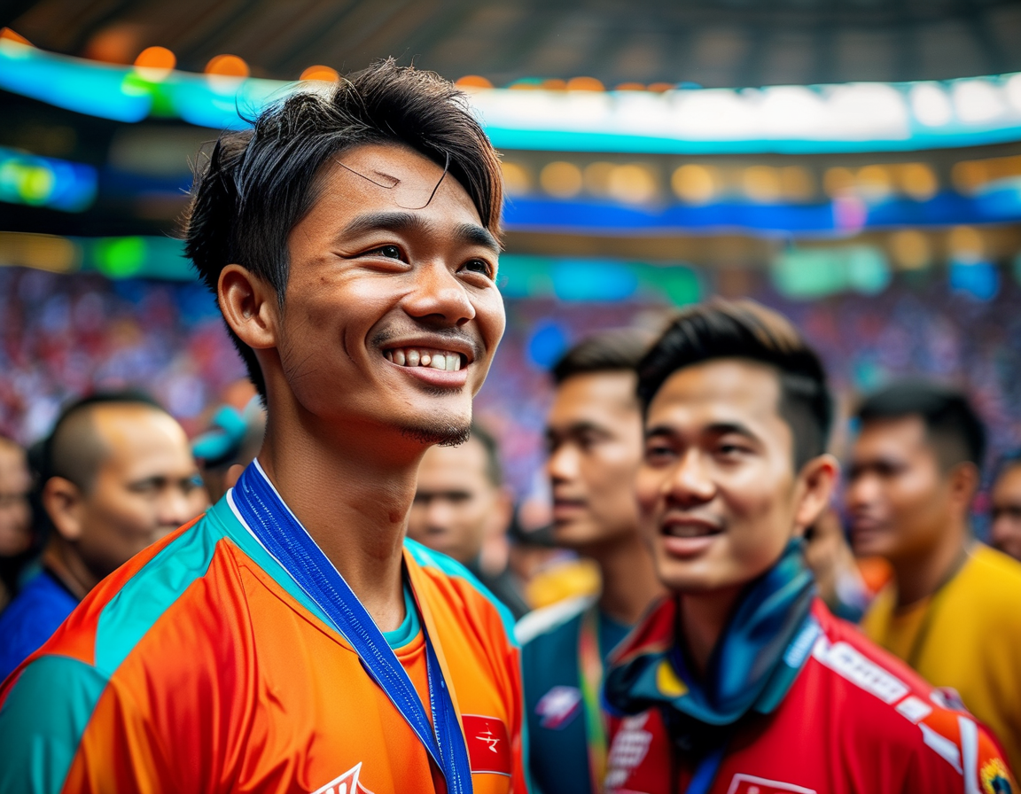 A close-up of Pratama Arhan's joyful expression post-match, symbolizing triumph of spirit over the sting of defeat, with players from both teams in the background.