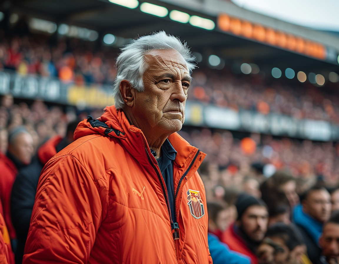 Ernesto Valverde stands on the sidelines, deep in thought, as tension fills the air during the match between Athletic Club and Deportivo Alavés, with fans in the background.