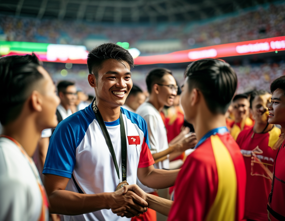 The Indonesian National Team huddled together after their loss to Vietnam, reflecting on the game with seriousness and determination, infused with Arhan's spirit of resilience and positivity.
