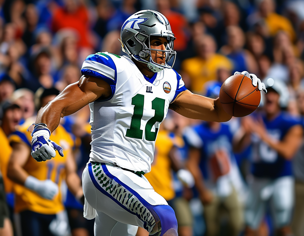 Josh Allen throwing a touchdown pass during a game, showcasing his powerful arm and focus, with players in action around him and fans cheering in the background.