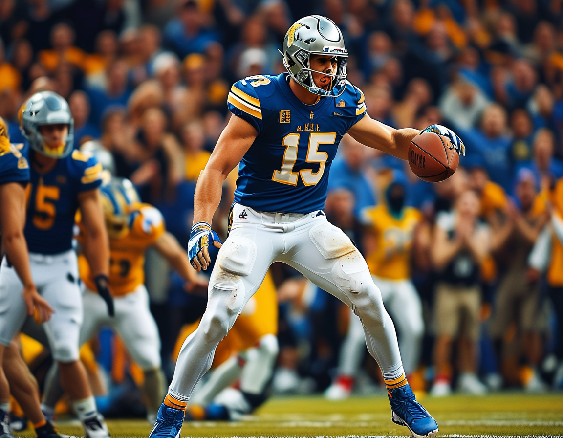 An action shot of Josh Allen evading a defender while running with the ball, demonstrating his agility and strength on the field amidst a packed stadium.