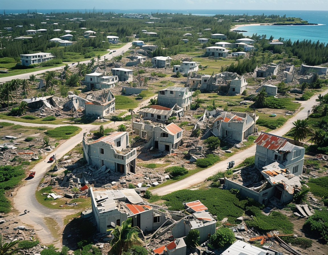 Aerial view of Mayotte showing widespread destruction after Cyclone Chido, with homes in ruins and emergency responders working amidst the debris.