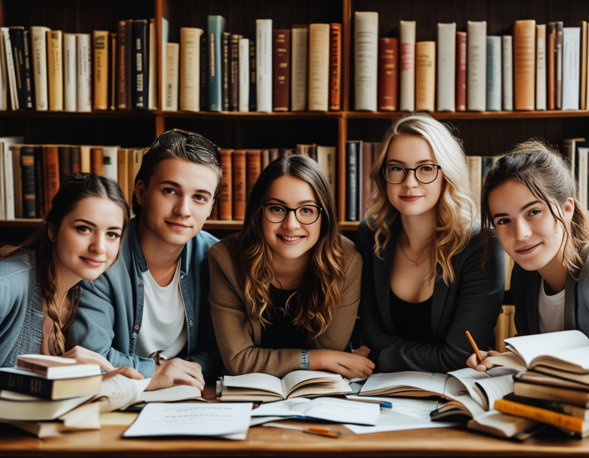 A diverse group of law students studying together, surrounded by books and notes, symbolizing their preparation for the AIBE 19 exam.