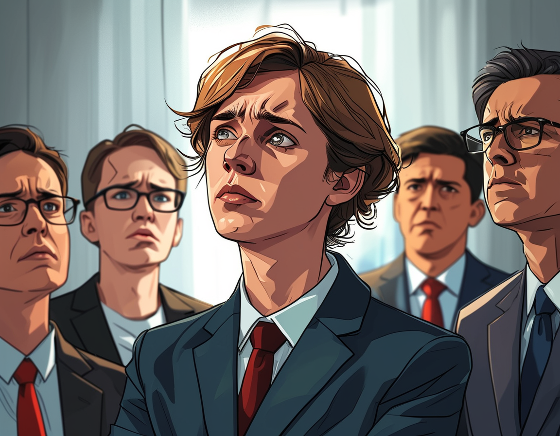 An illustration showing a split screen of a worried TikTok user on one side and a government official considering a ban on the other, emphasizing the clash between personal freedoms and national security.