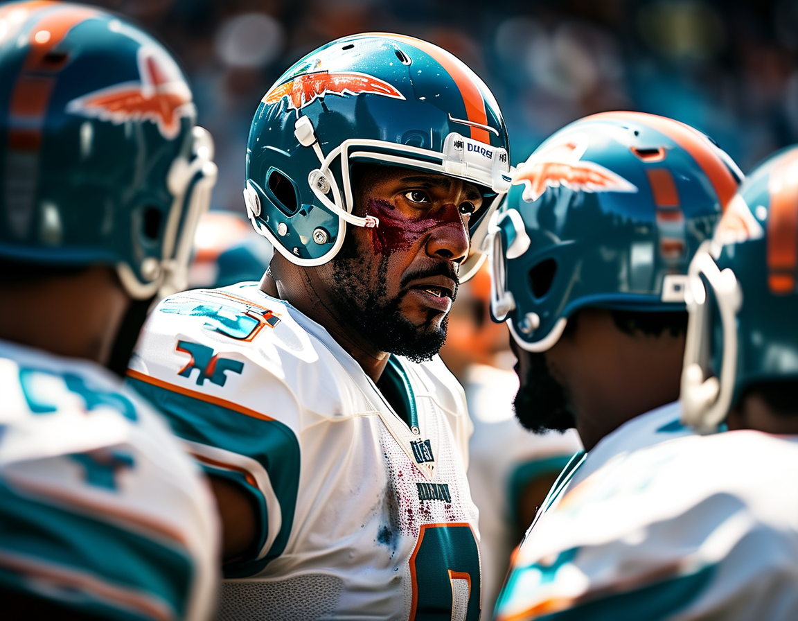 An emotional scene on the football field as Miami Dolphins players gather around Grant DuBose, who is being attended to by medical staff after a serious head injury during a game.