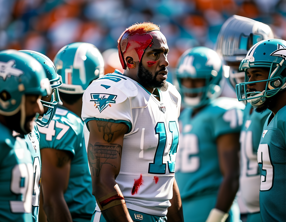 A close-up of Tua Tagovailoa looking visibly shaken, reflecting on the impact of injuries in football, while standing in the Dolphins locker room filled with tension.