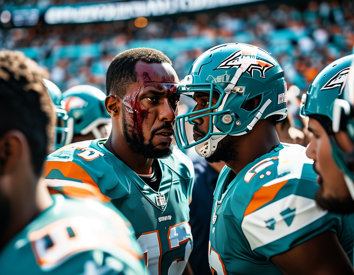 A banner image showing the Miami Dolphins logo, symbolizing team spirit and resilience in the face of adversity, amidst a backdrop of an empty stadium.