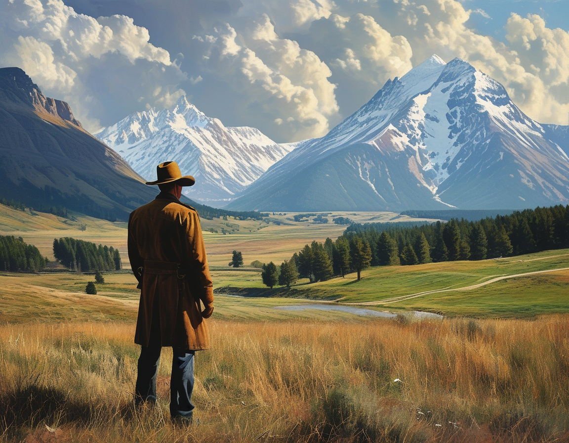 A dramatic scene featuring John Dutton confronting land developers, with the breathtaking Montana landscape in the background, capturing the essence of family conflict over land.