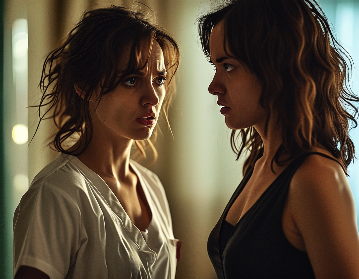 An intense scene from General Hospital showing Kristina in emotional turmoil, confronting Ava in a hotel setting, highlighting the dramatic tension between the characters.